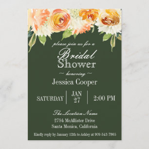 Invitación Watercolor Floral Forest Green Bridal Shower