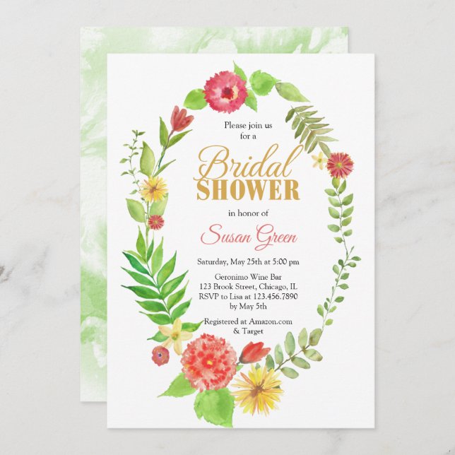 Invitación Watercolor Floral Frame Bridal Shower (Anverso / Reverso)
