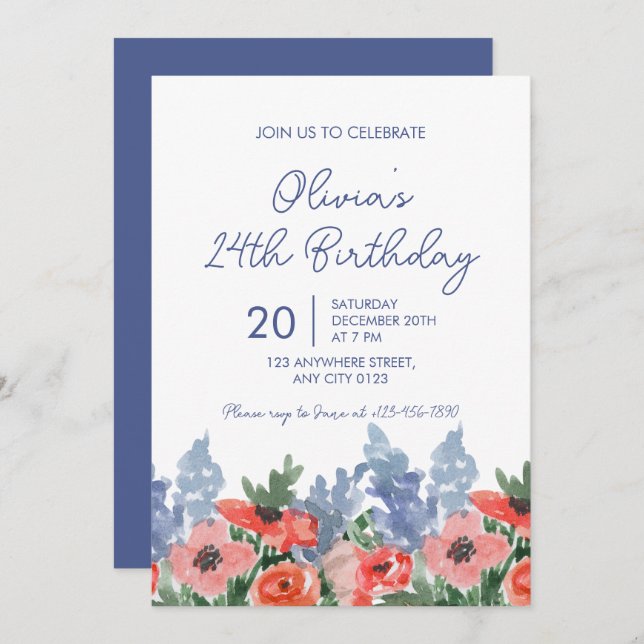 Invitación watercolor Floral Garden Birthday Party Invitation (Anverso / Reverso)