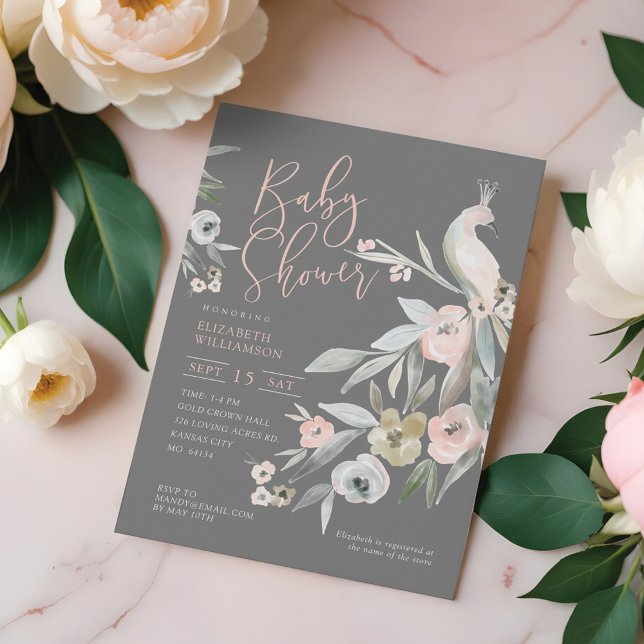 Invitación Watercolor Floral Garden Peacock Baby Shower (Watercolor Floral Garden Peacock Baby Shower Invitation)