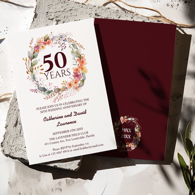 Invitación Watercolor Floral Garland Dark rojo 50 Boda (Subido por el creador)