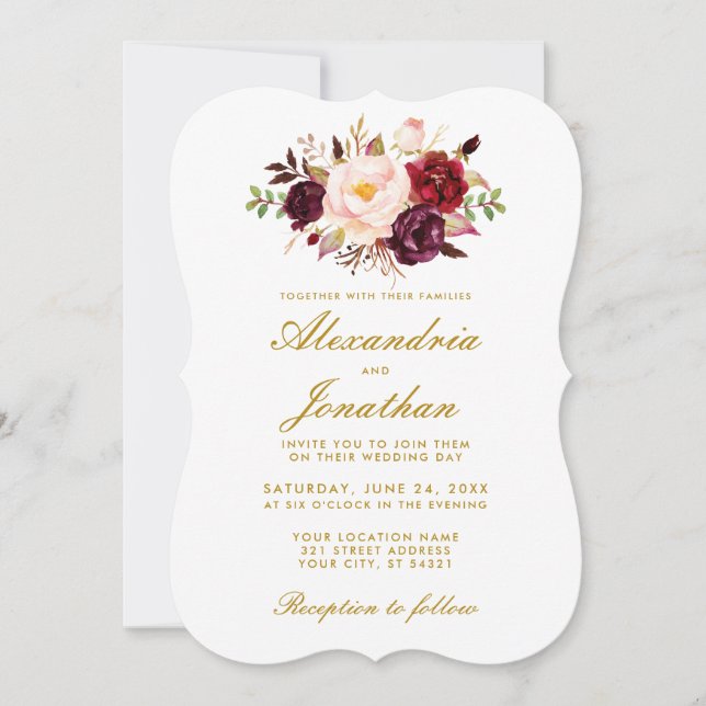 Invitación Watercolor Floral Gold Burgundy Boda BR (Anverso)