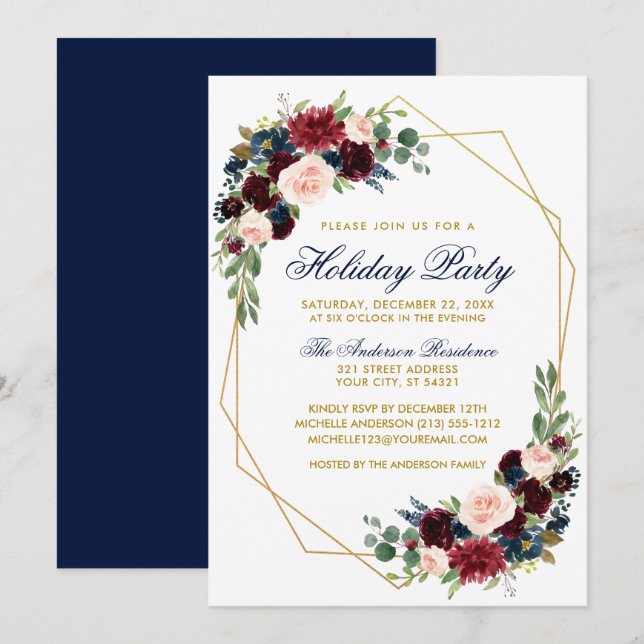Invitación Watercolor Floral Gold Fiesta Azul (Anverso / Reverso)