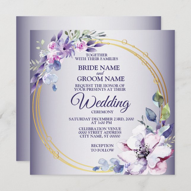 Invitación Watercolor Floral Golden Geometric Purple Wedding (Anverso / Reverso)