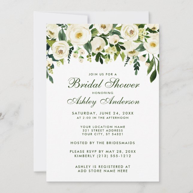 Invitación Watercolor Floral Green Bridal Shower (Anverso)