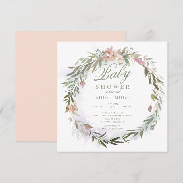 Invitación Watercolor Floral Greenery Wreath Baby Shower (Anverso / Reverso)