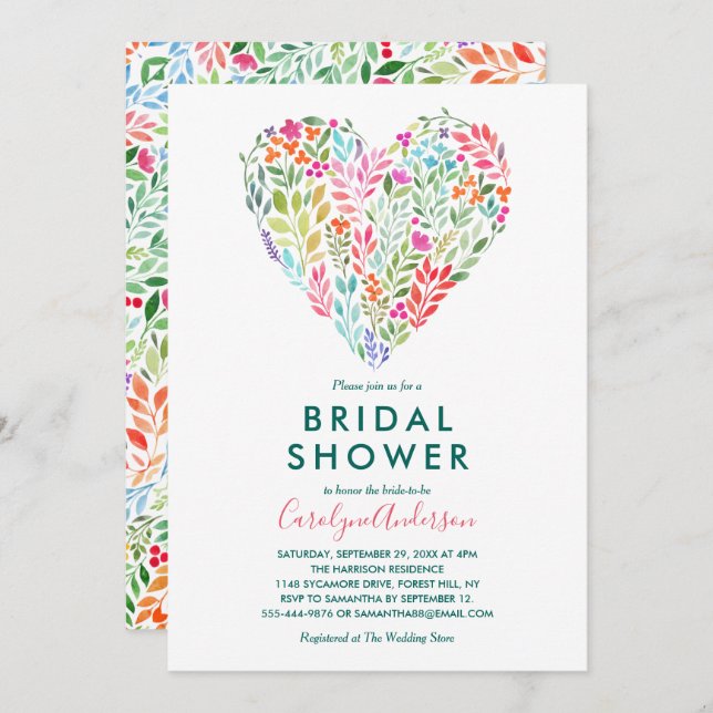 Invitación Watercolor Floral Heart Bridal Shower (Anverso / Reverso)