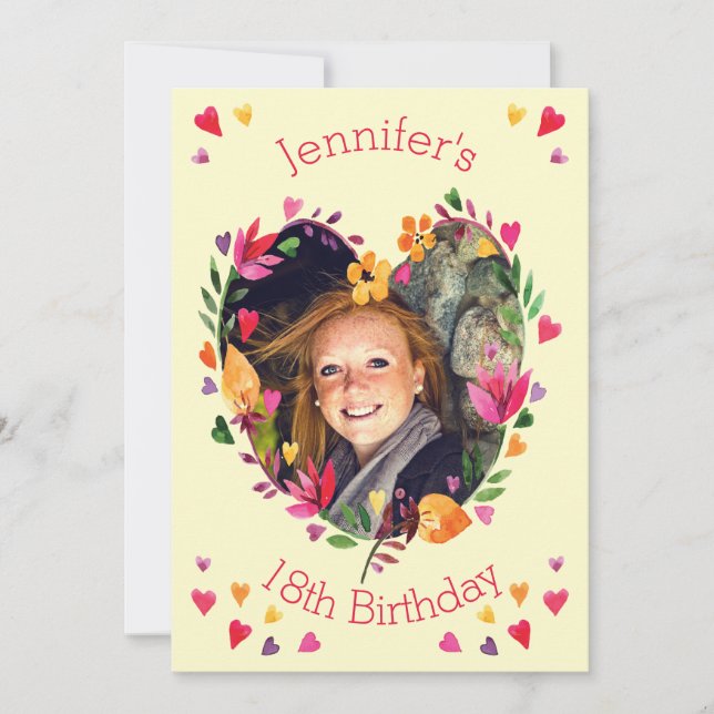 Invitación Watercolor Floral Heart Wreath 18th Birthday Photo (Anverso)