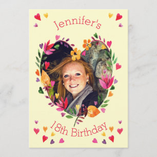Invitación Watercolor Floral Heart Wreath 18th Birthday Photo