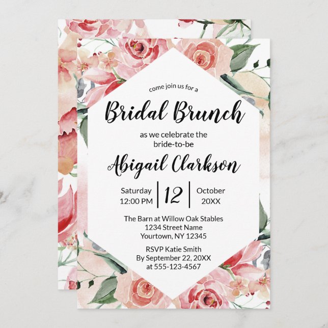 Invitación Watercolor Floral Hexagon Bridal Brunower (Anverso / Reverso)