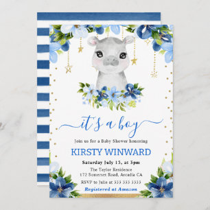 Invitación Watercolor Floral Hippo Boy Baby Shower