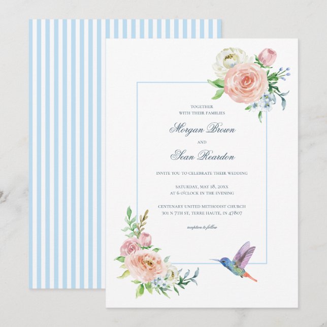 Invitación Watercolor Floral Hummingbird Seersucker Wedding (Anverso / Reverso)