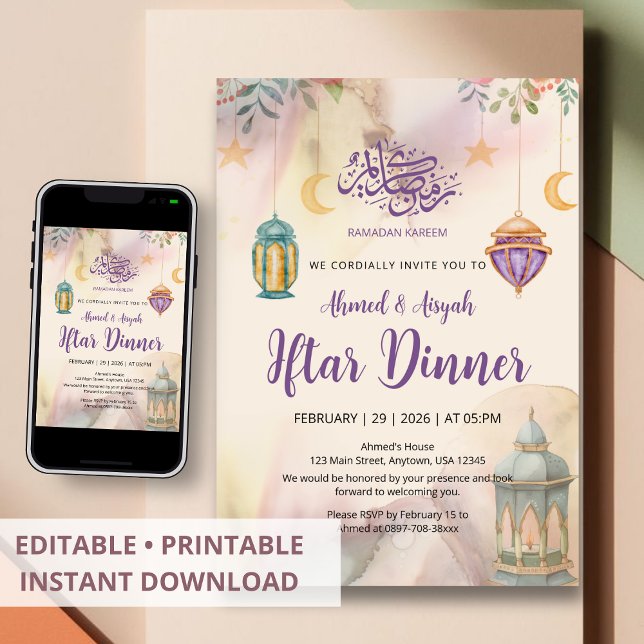 Invitación Watercolor Floral Lanterns Iftar Invitation (Subido por el creador)