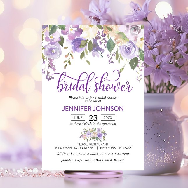 Invitación Watercolor Floral Lavanda Purple Bridal Shower (Watercolor Floral Lavender Purple Bridal Shower Invitation)