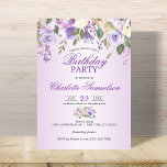 Invitación Watercolor Floral Lavender Purple BIRTHDAY<br><div class="desc">Sencillamente elegante diseño de ramo rústico floral en acuarela (acuarela) vegetación verde,  lavanda,  violeta,  lila,  rosa rubor,  melocotón,  rosas florales blancas / peonía de fondo blanco y letras de salvia verde oscuro. Delicadas invitaciones del PARTIDO DE CUMPLEAÑOS para una mujer. La tarjeta tiene el año de opción.</div>