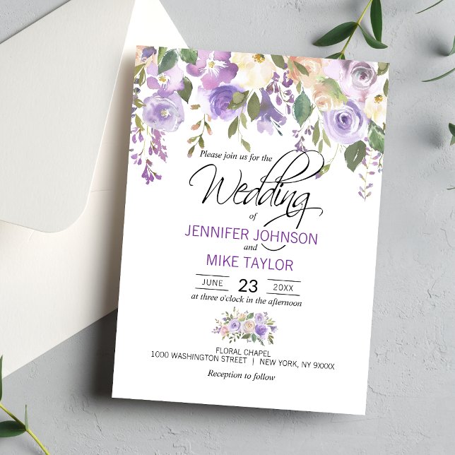 Invitación Watercolor Floral Lavender Purple Lilac Boda (Watercolor Floral Lavender Purple Lilac Wedding Invitation)
