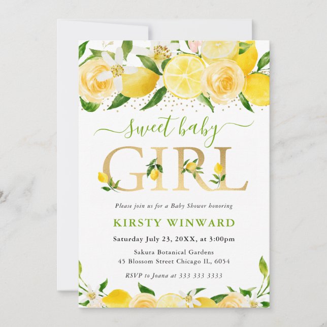 Invitación Watercolor Floral Lemons Baby Shower (Anverso)