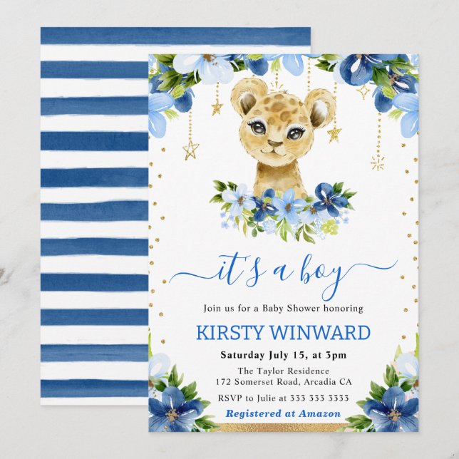 Invitación Watercolor Floral Lion Cub Boy Baby Shower (Anverso / Reverso)