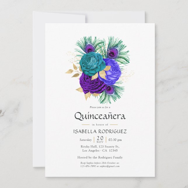 Invitación Watercolor Floral Mardi Gras Quinceañera (Anverso)