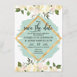 Invitación Watercolor Floral Marfil Mint Gold