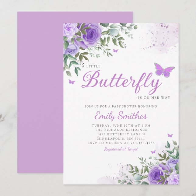 Invitación Watercolor Floral Mariposa Bebé Niña Ducha (Anverso / Reverso)
