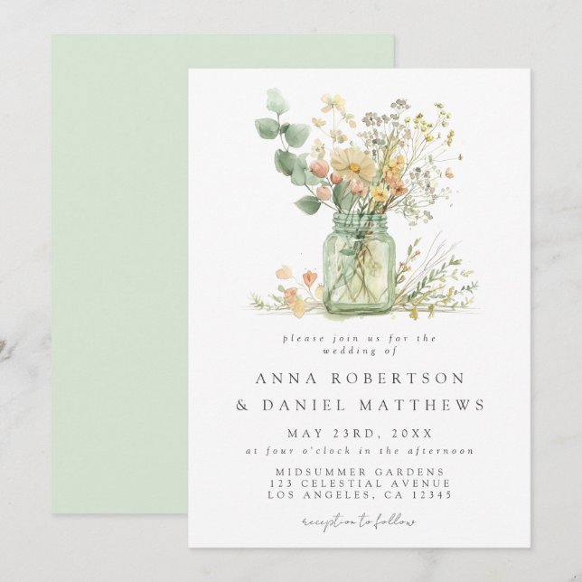 Invitación Watercolor Floral Mason Jar Boda (Anverso / Reverso)