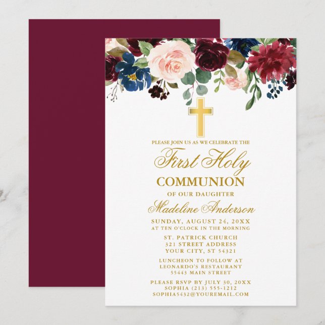 Invitación Watercolor Floral Mezclado Primera Comunión Borgoñ (Anverso / Reverso)