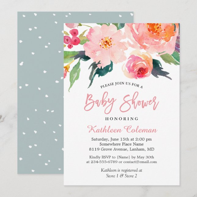 Invitación Watercolor Floral Moderno Baby Shower clásico (Anverso / Reverso)