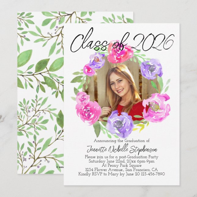 Invitación Watercolor Floral Moderno Foto Graduación 2025 (Anverso / Reverso)