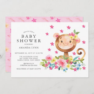 Invitación Watercolor Floral Mono Bebé Chica Ducha