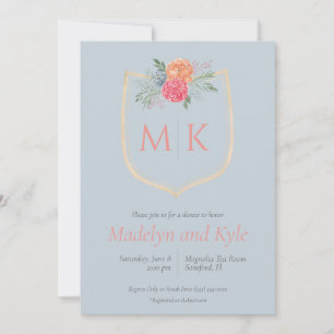 Invitación Watercolor Floral Monograma Escudo Ducha de novia