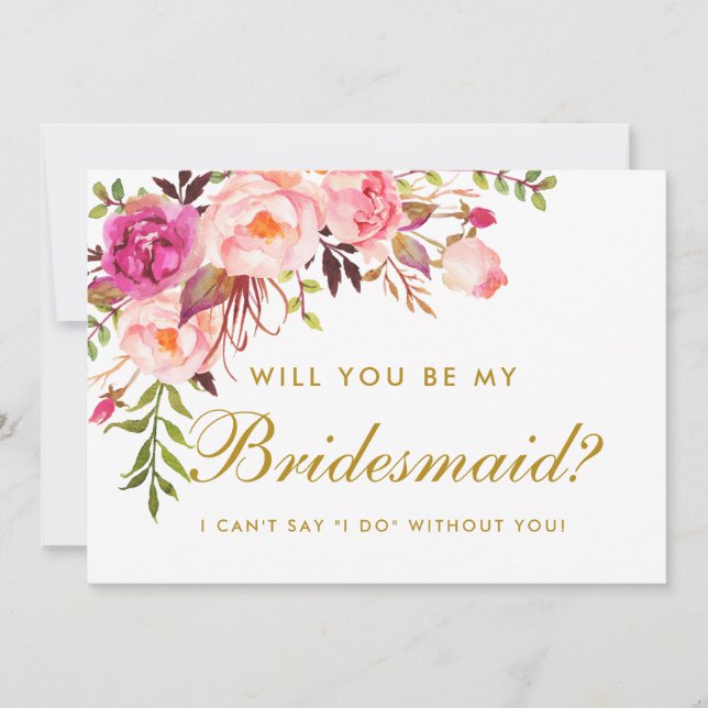 Invitación Watercolor Floral Oro Rosa Bridesmaid (Anverso)