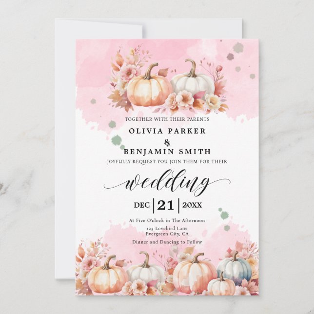 Invitación Watercolor Floral Otoño Calabaza Rosa Boda Caída (Anverso)