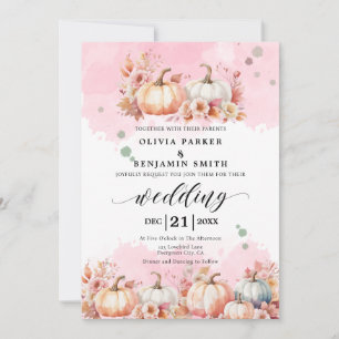 Invitación Watercolor Floral Otoño Calabaza Rosa Boda Caída