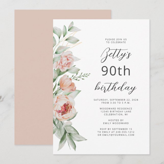 Invitación Watercolor Floral Peach Rubor 90 cumpleaños (Anverso / Reverso)