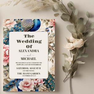 Invitación Watercolor Floral Peacock Chinoiserie Boda