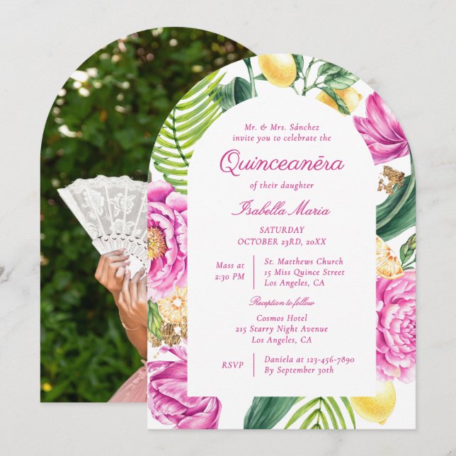 Invitación Watercolor Floral Peonies Lemon Photo Quinceañera (Anverso / Reverso)