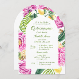 Invitación Watercolor Floral Peonies QR Code Quinceañera