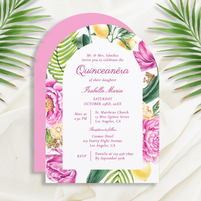 Invitación Watercolor Floral Peonies Tulips Lemon Quinceañera (Subido por el creador)