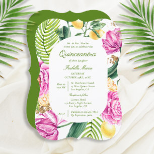 Invitación Watercolor Floral Peonies Tulips Lemon Quinceañera