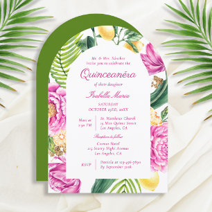 Invitación Watercolor Floral Peonies Tulips Lemon Quinceañera