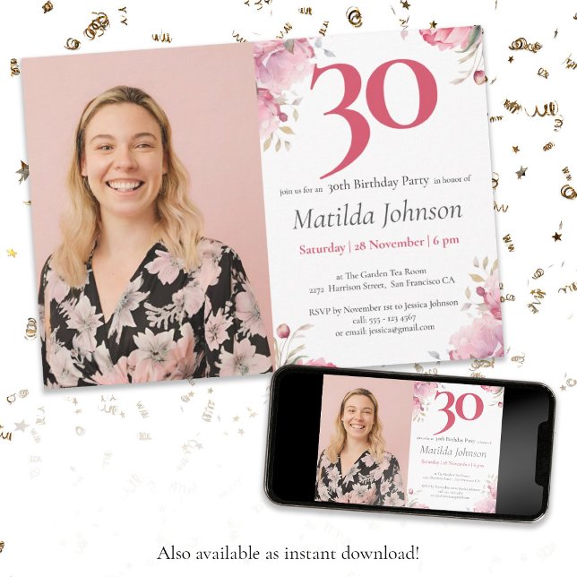 Invitación Watercolor Floral Personalizado rosa foto 30 cumpl (Photo 30th Birthday Watercolor Floral Pink Custom Invitation)