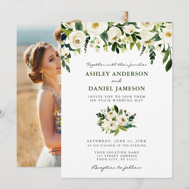 Invitación Watercolor Floral Photo Boda Green (Anverso / Reverso)