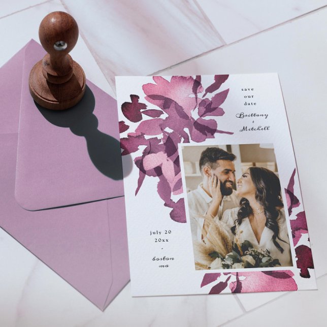 Invitación Watercolor Floral Plum Photo Save the Date (Subido por el creador)