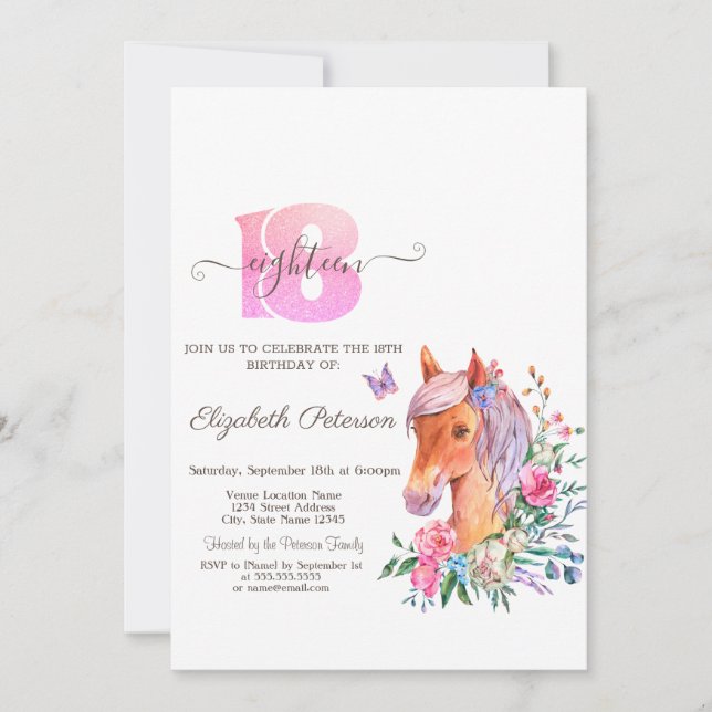 Invitación Watercolor Floral Ponny 18º cumpleaños (Anverso)