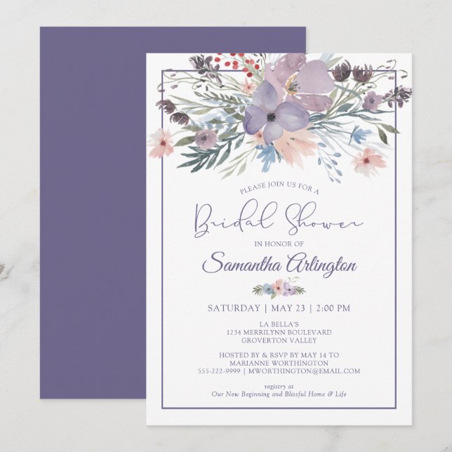 Invitación Watercolor Floral Purple Lilac Bridal Shower (Anverso / Reverso)