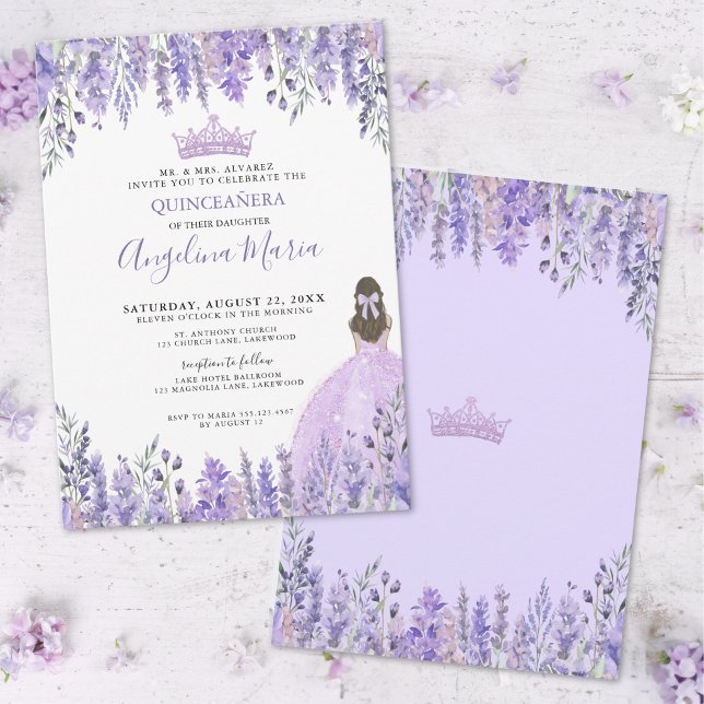 Invitación Watercolor Floral Purple Quinceañera (Purple Lilac Tiara Floral Quinceañera Invitation)