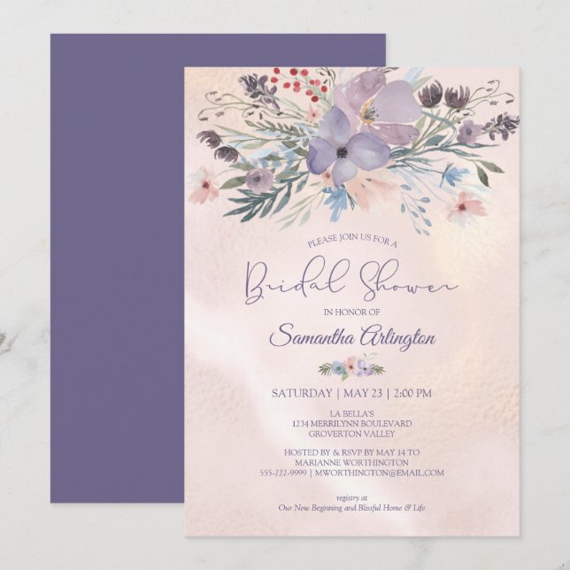 Invitación Watercolor Floral Purple Rosa Gold Bridal Shower (Anverso / Reverso)
