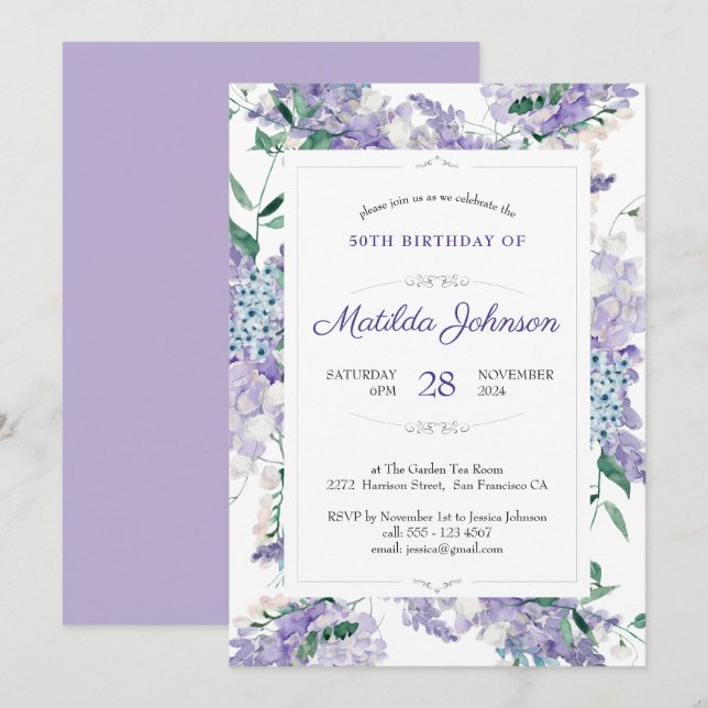 Invitación Watercolor Floral Purple Wisteria 50 cumpleaños (Anverso / Reverso)