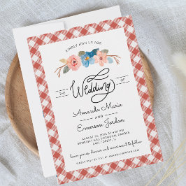 Invitación Watercolor Floral Red Check Fun Casual Boda